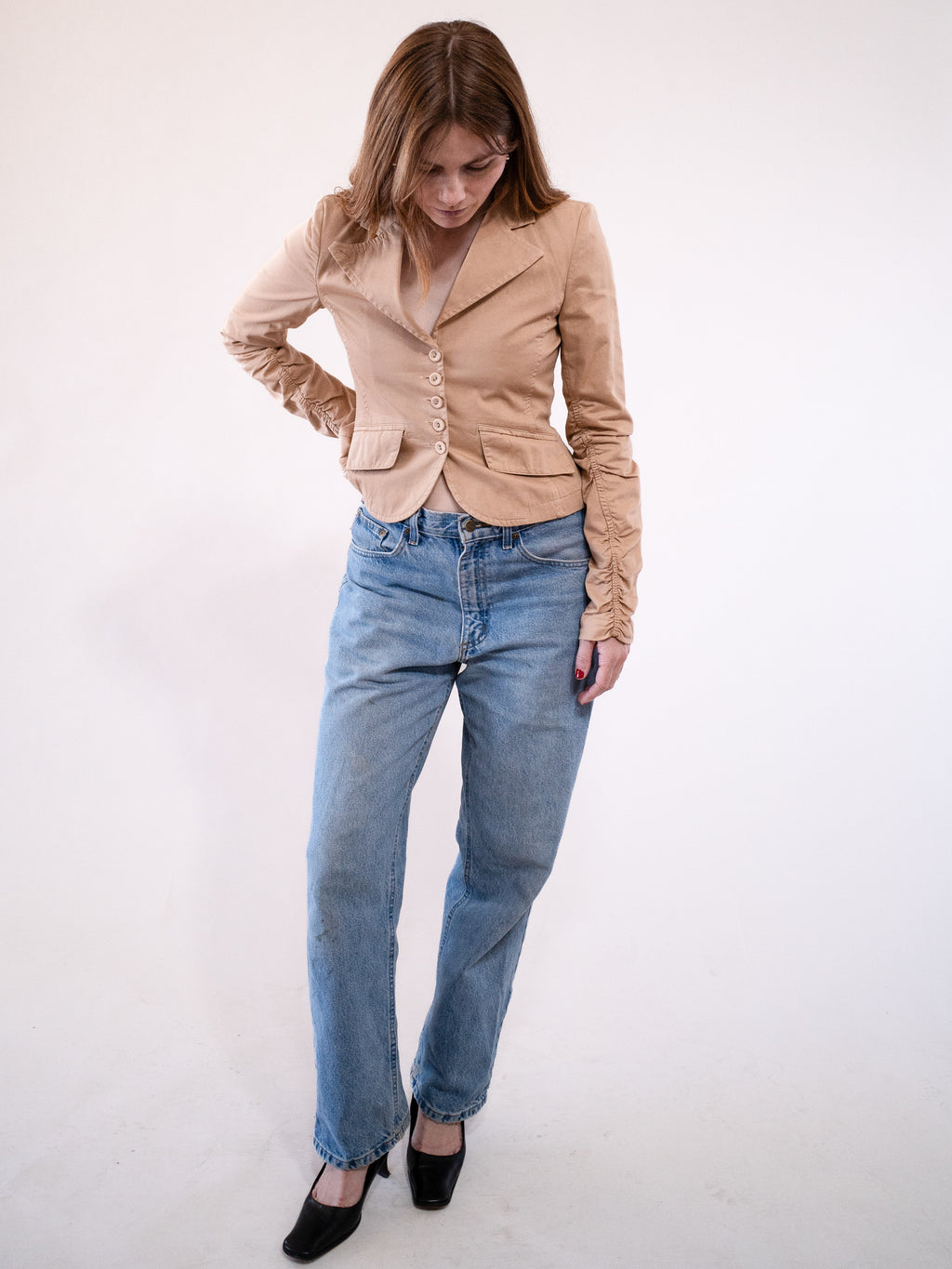 Patrizia Pepe Cropped Blazer with Ruched Sleeves